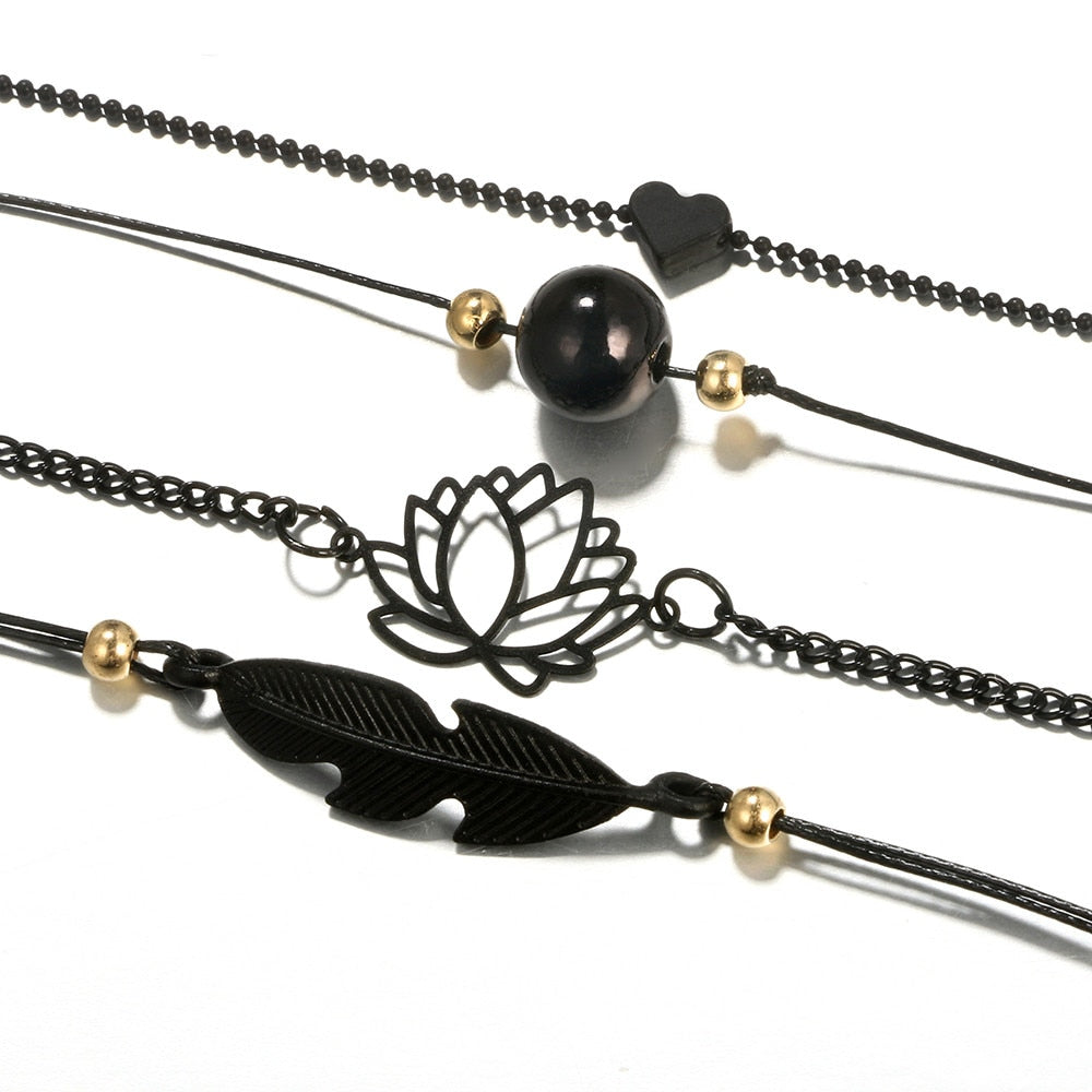 4pcs  Bohemian Black Rope Chain Bracelet Set
