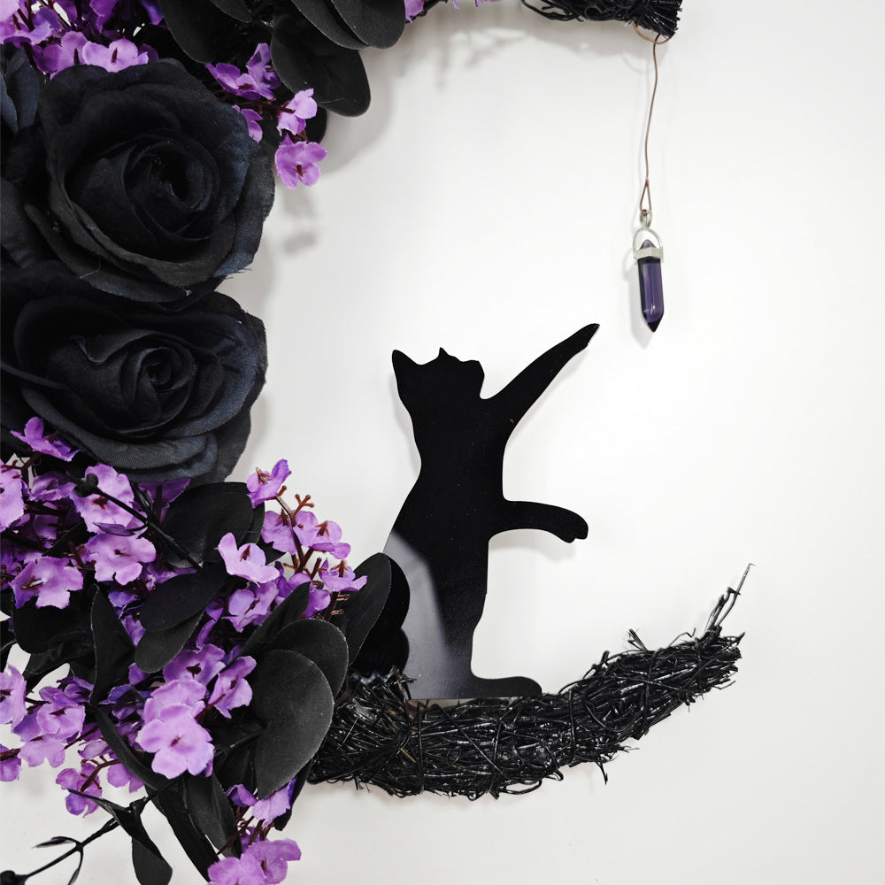 Halloween Moon Cat Wreath Decoration LED Black Rose Dry Branch Artificial Vine Circle Ornament Props