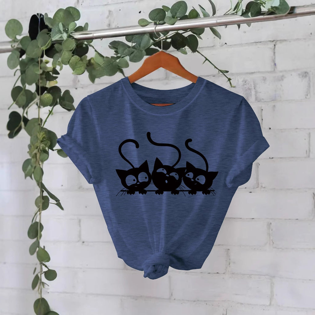 T-shirt with three cats round neck pullover short sleeved shirt