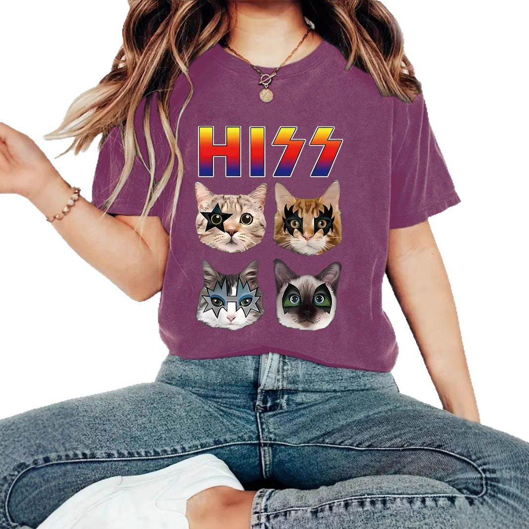 HIZZ Four Cats New Round Neck Loose Short Sleeve
