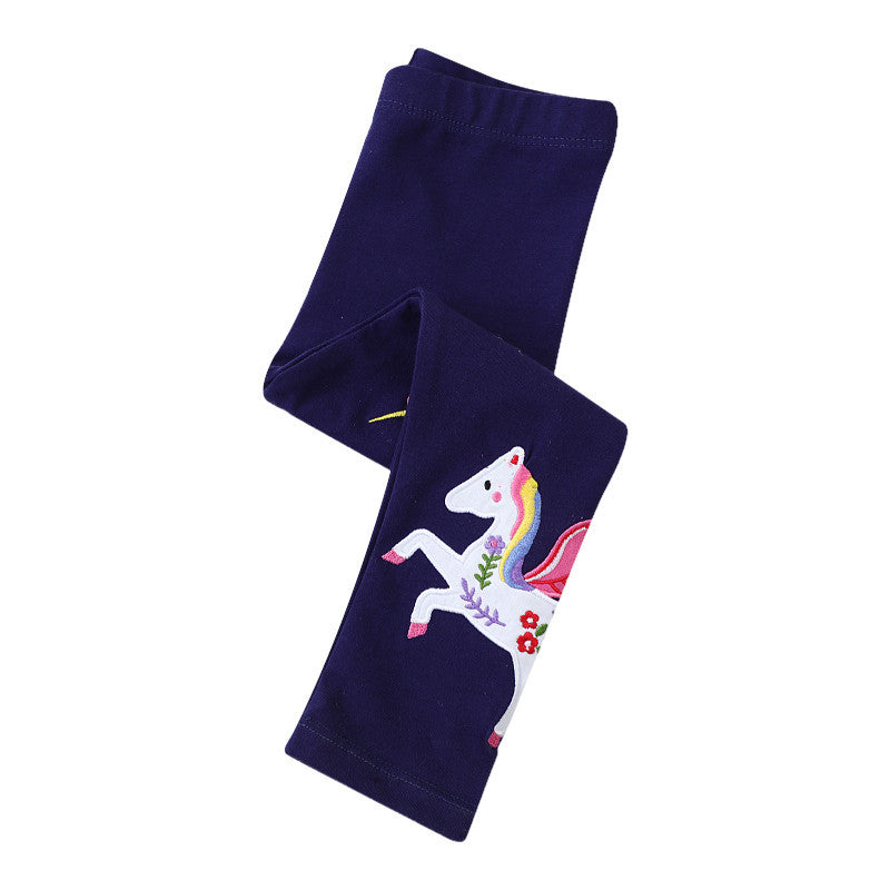 Base Layer Pants for Girls, Tight-Fit Kids' Pants with Embroidered Unicorn Design, Long Children's Trousers