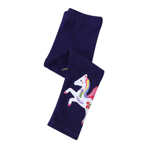 Base Layer Pants for Girls, Tight-Fit Kids' Pants with Embroidered Unicorn Design, Long Children's Trousers