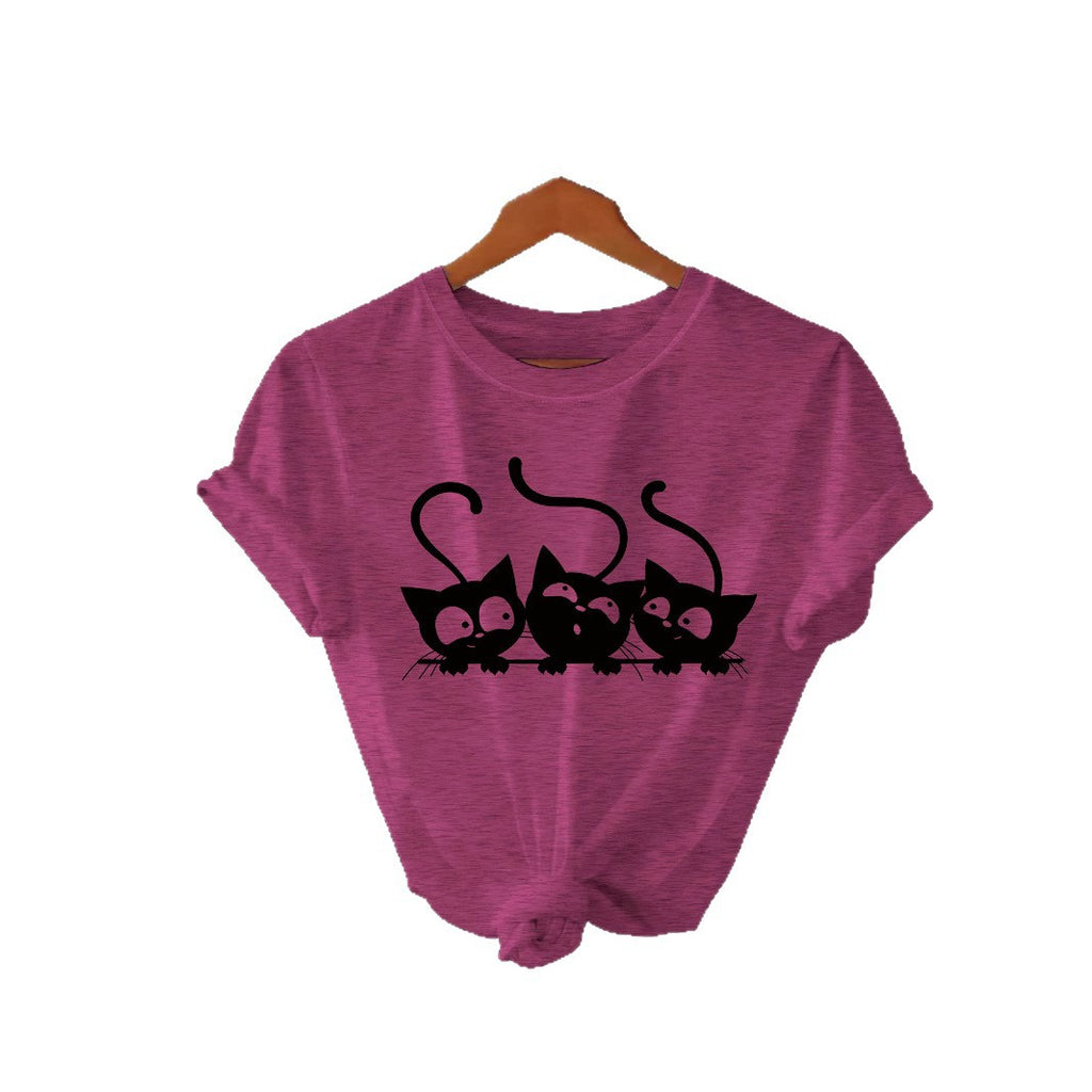 T-shirt with three cats round neck pullover short sleeved shirt