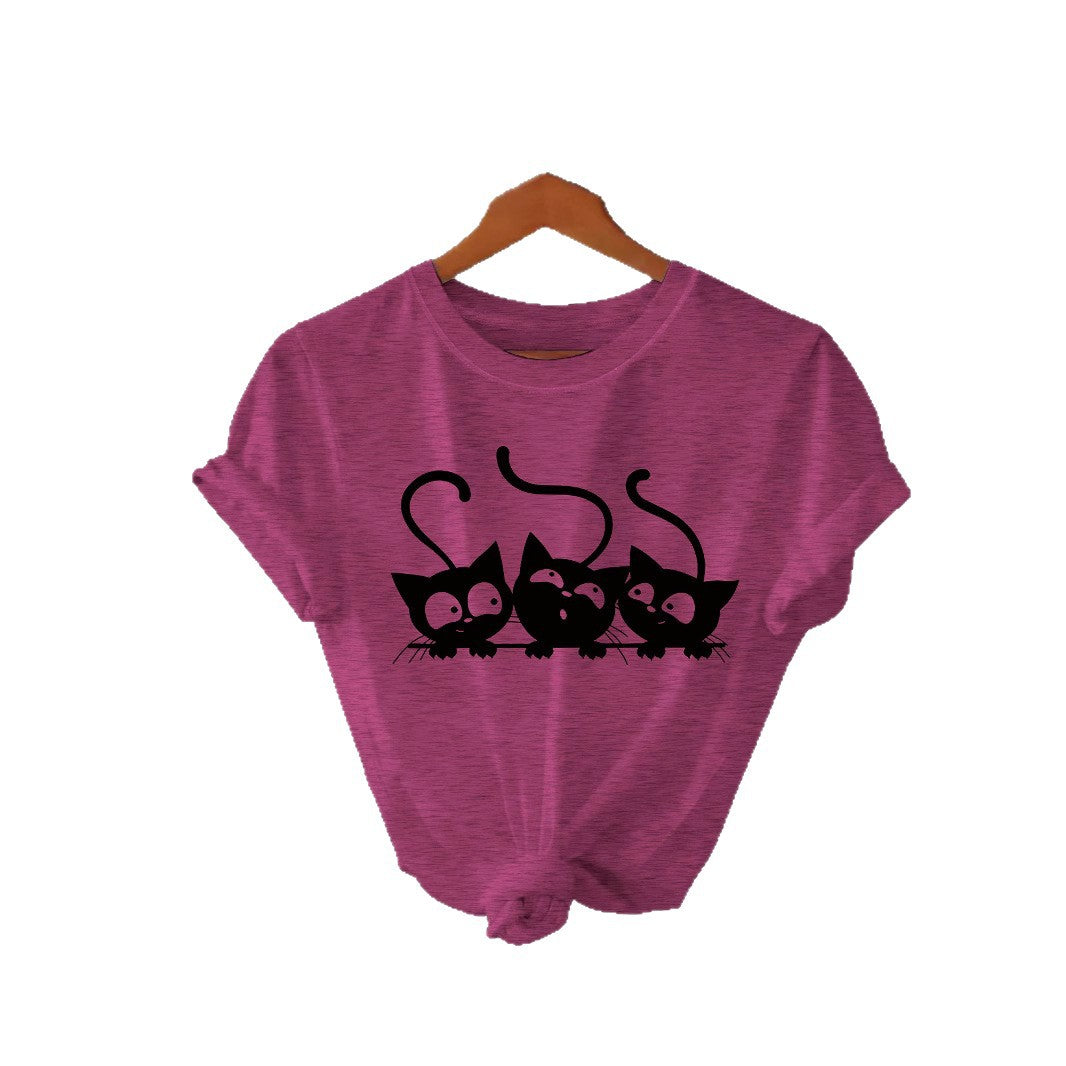 T-shirt with three cats round neck pullover short sleeved shirt
