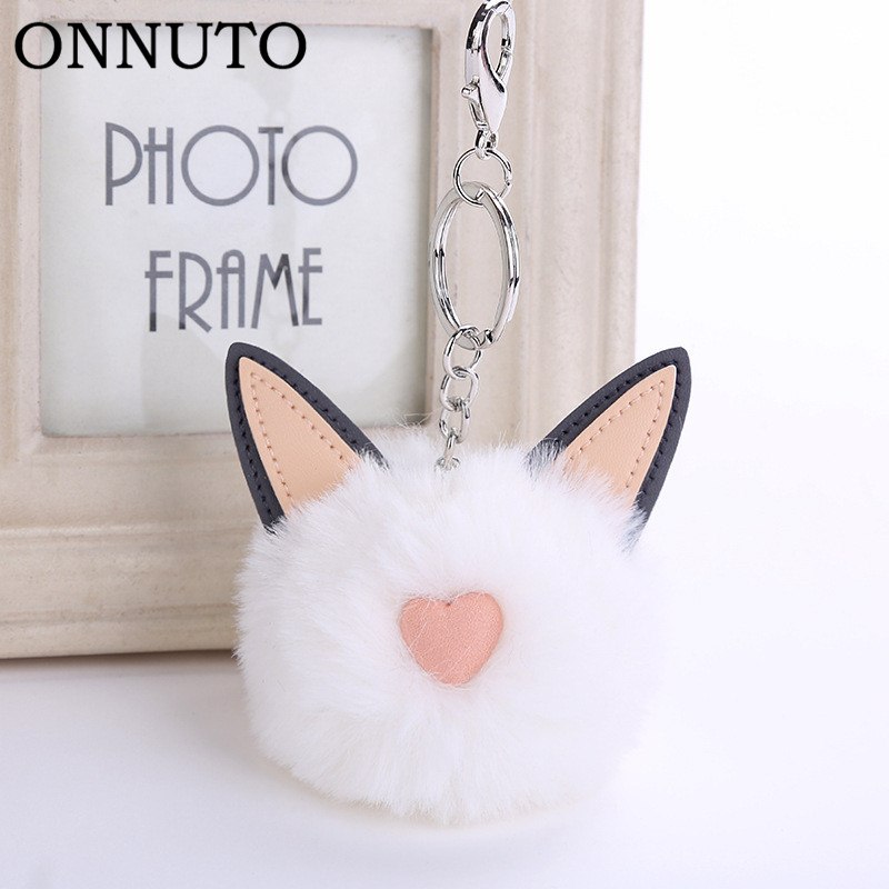 Faux Fur Keychain Pompon Soft Cat Ears Bags Hang Key Chain Pendant Balls Silver Key Ring Bag Pendant Gift Car Pendant