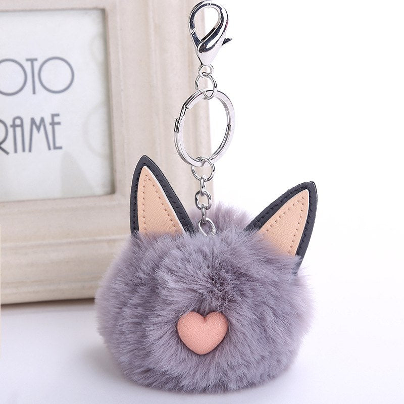 Faux Fur Keychain Pompon Soft Cat Ears Bags Hang Key Chain Pendant Balls Silver Key Ring Bag Pendant Gift Car Pendant
