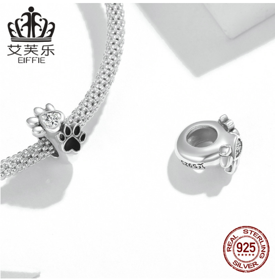 New Pet Imprint Sterling Silver Bead Bracelet s925 Cute Pet Cats And Dogs Paws Black Drip Beads