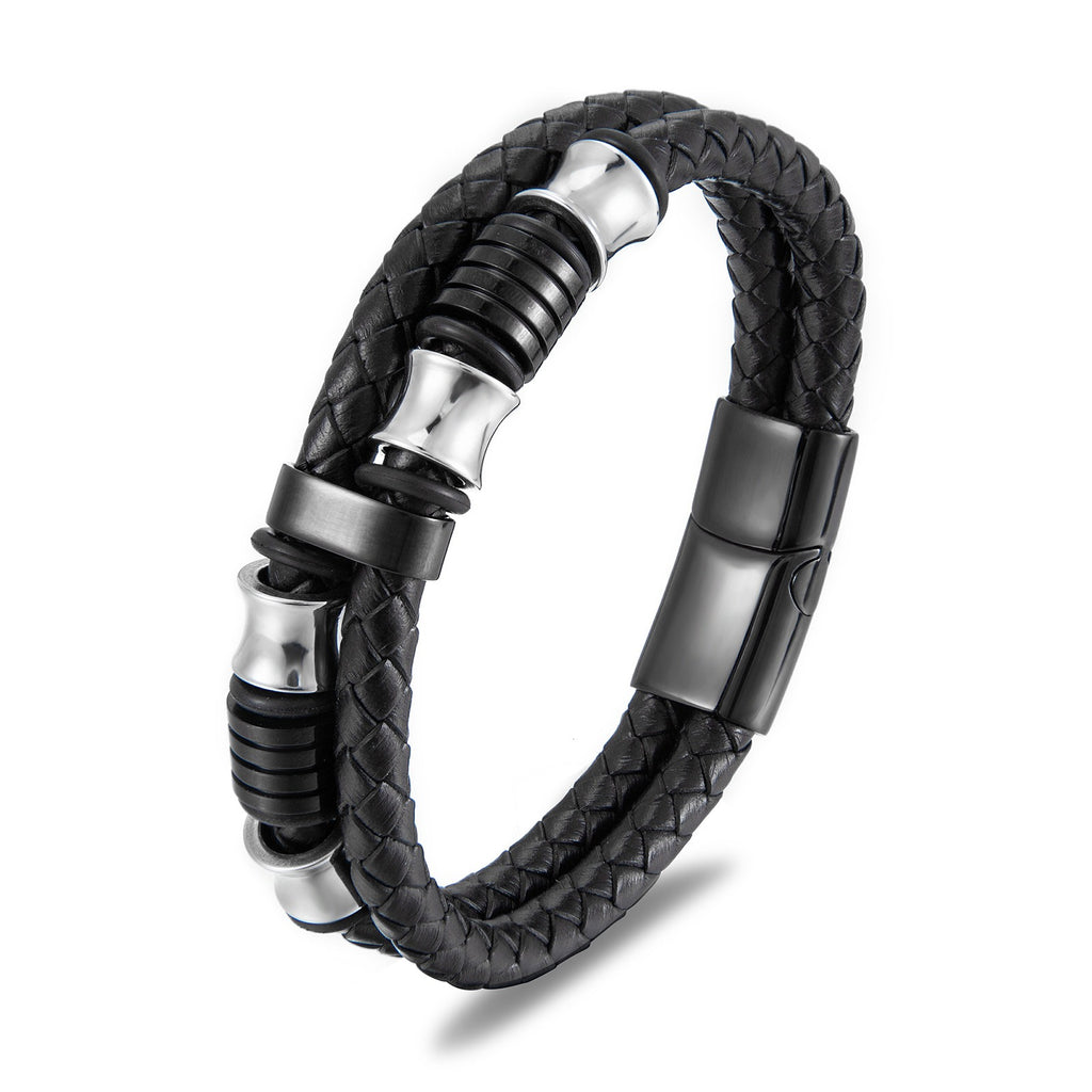 Black leather stainless steel men's bracelet
