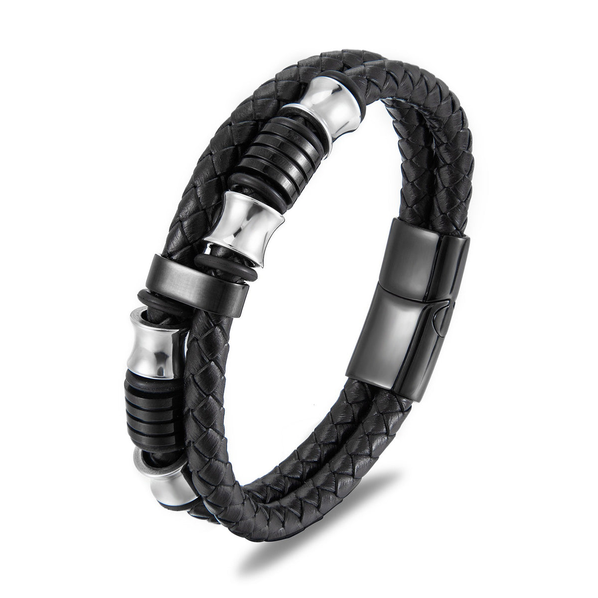 Black leather stainless steel men's bracelet