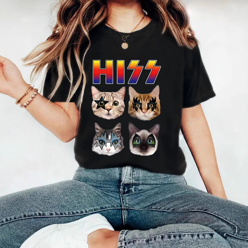 HIZZ Four Cats New Round Neck Loose Short Sleeve