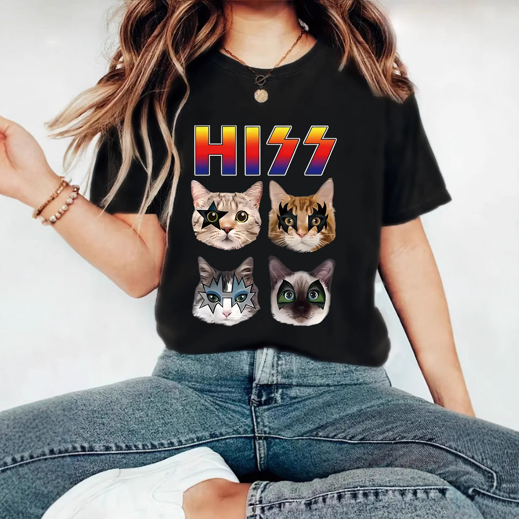 HIZZ Four Cats New Round Neck Loose Short Sleeve