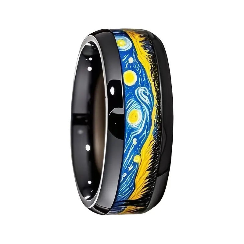 Copper-Finished Vibrant Blue and Yellow Artistic Stainless Steel 8mm Black Bead Van Gogh Star and Moon