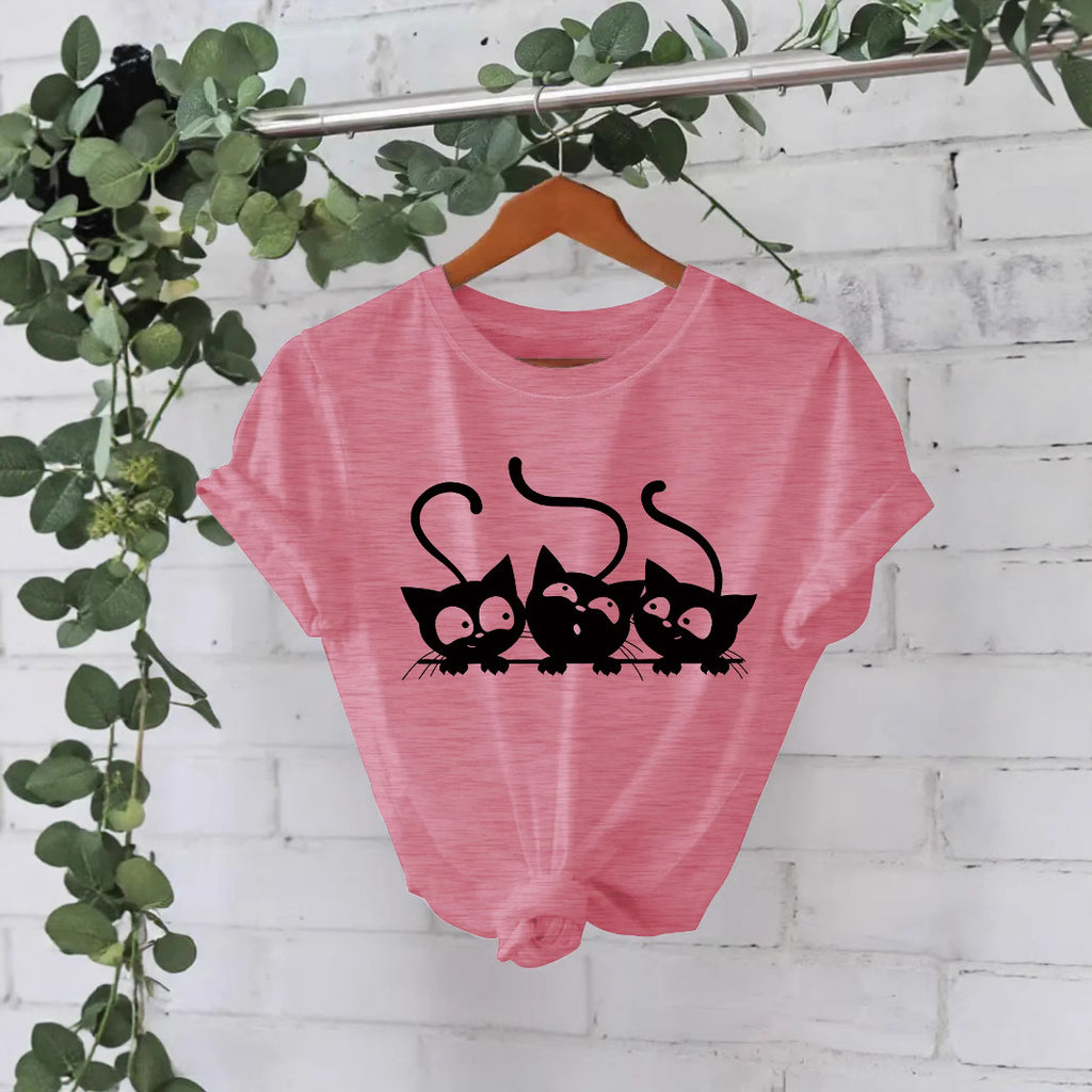 T-shirt with three cats round neck pullover short sleeved shirt