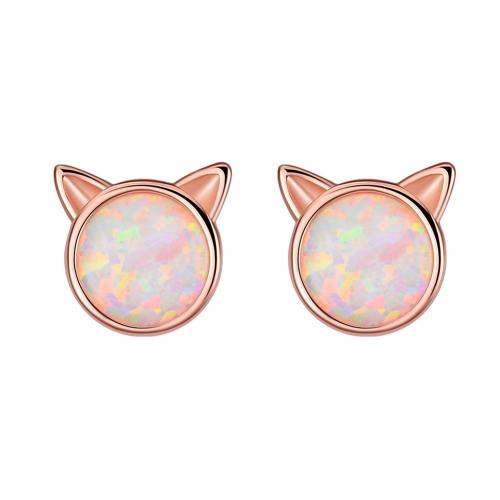 New Fashion Cute Women Silver Plated Faux Opal Inlaid Cats Ear Stud Earrings Jewelry Sweet Special Christmas Gift