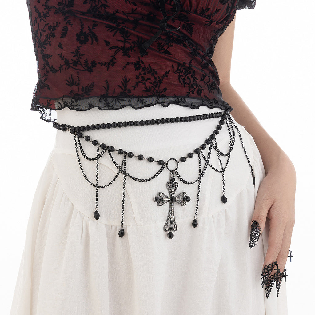 Dark Wind Cross Iron Chain Waist Chain Multi layer Versatile Tassel Crystal Body Chain Female