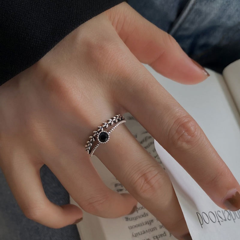 Square S925 Sterling Silver Black Zircon Leaf Ring Women's Design Minority Ring Fashion Personality Index Finger Ring