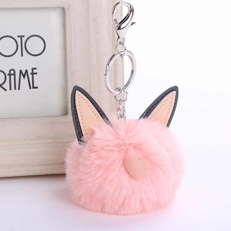 Faux Fur Keychain Pompon Soft Cat Ears Bags Hang Key Chain Pendant Balls Silver Key Ring Bag Pendant Gift Car Pendant