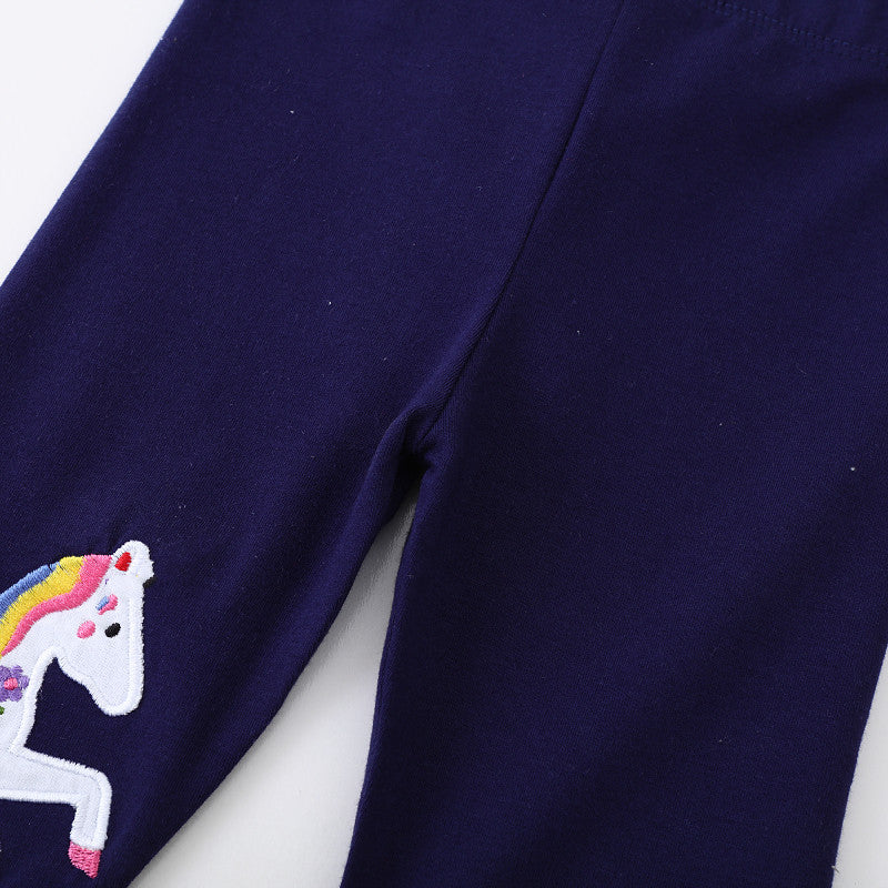 Base Layer Pants for Girls, Tight-Fit Kids' Pants with Embroidered Unicorn Design, Long Children's Trousers