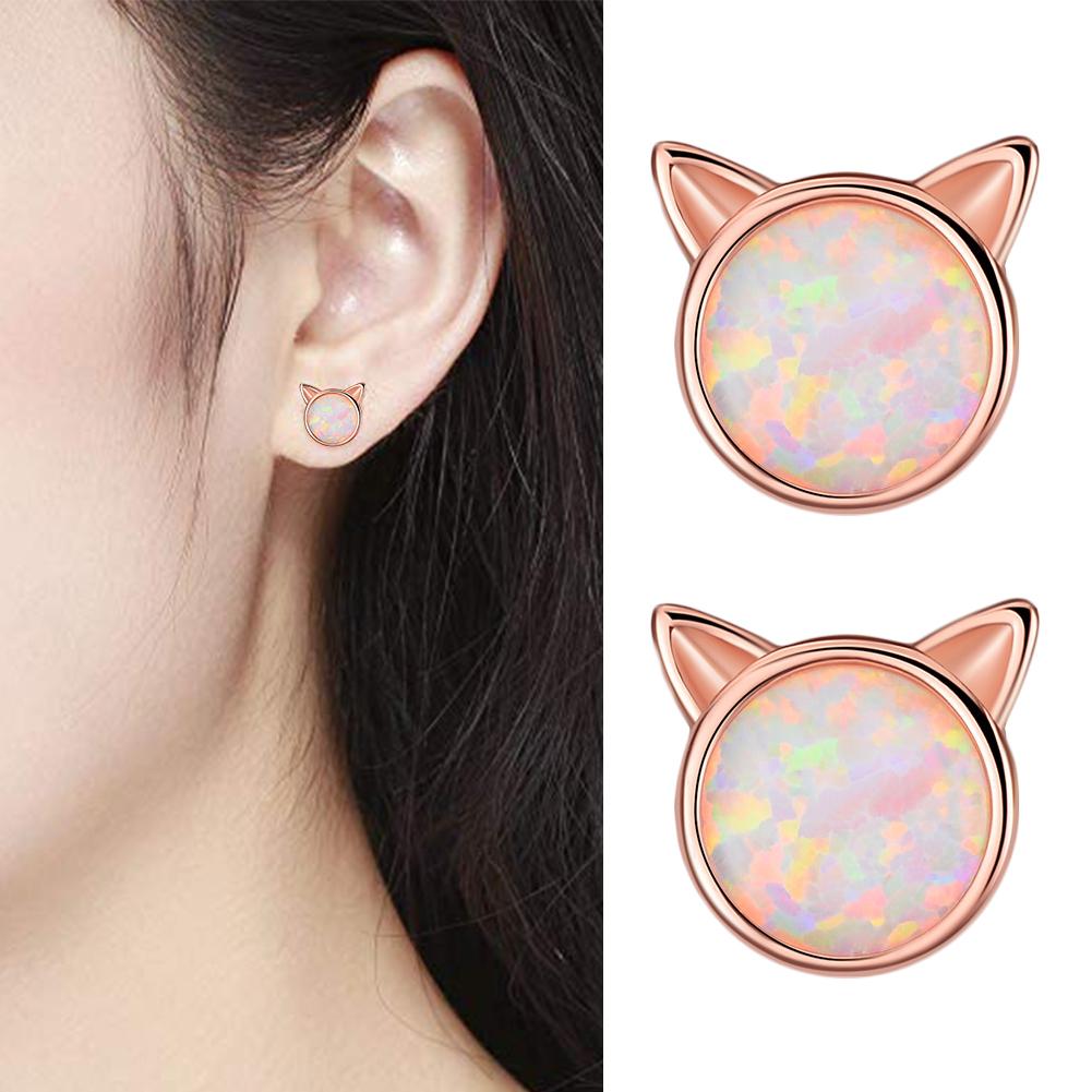 New Fashion Cute Women Silver Plated Faux Opal Inlaid Cats Ear Stud Earrings Jewelry Sweet Special Christmas Gift
