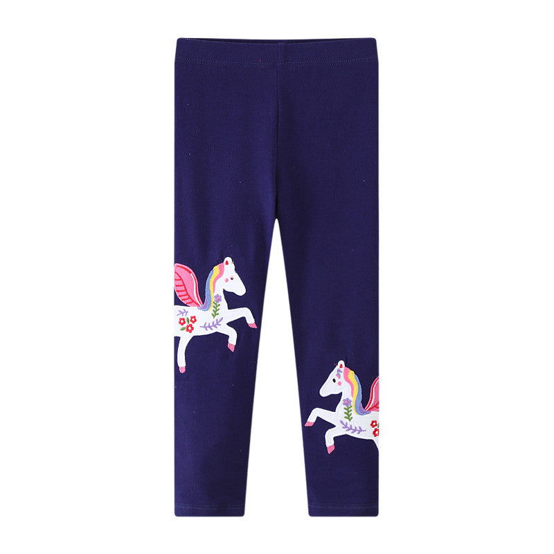 Base Layer Pants for Girls, Tight-Fit Kids' Pants with Embroidered Unicorn Design, Long Children's Trousers