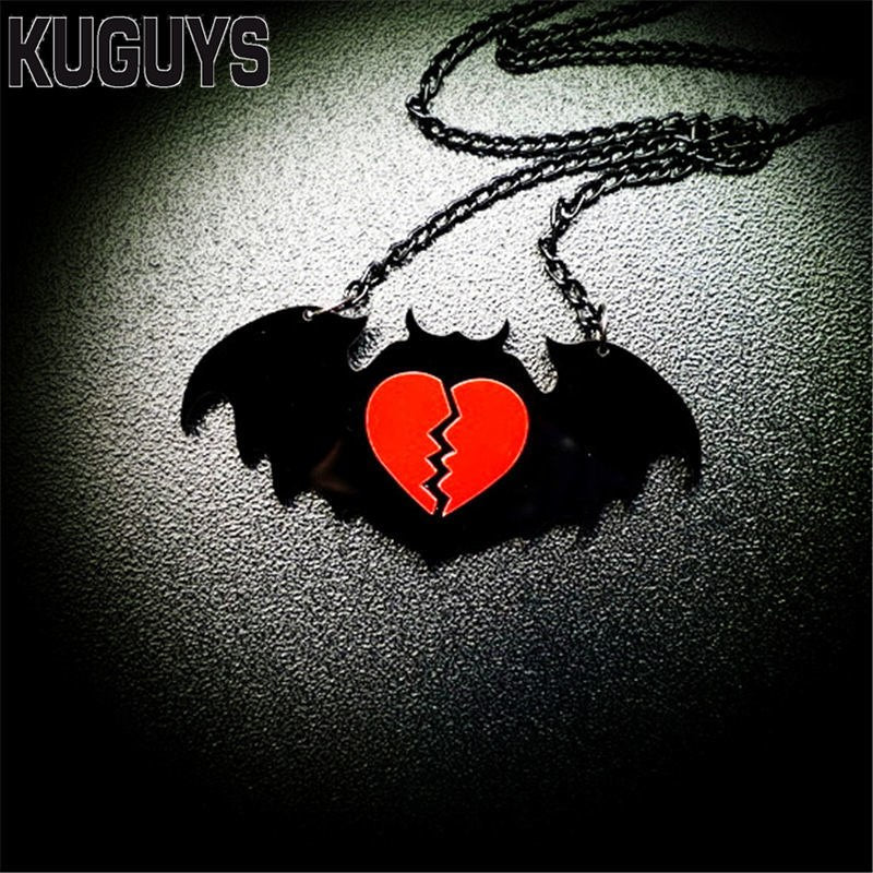 Acrylic Jewelry Custom Women Broken Heart Black Bat Pendant Necklace Link Chain HipHop Rock Mens Necklaces