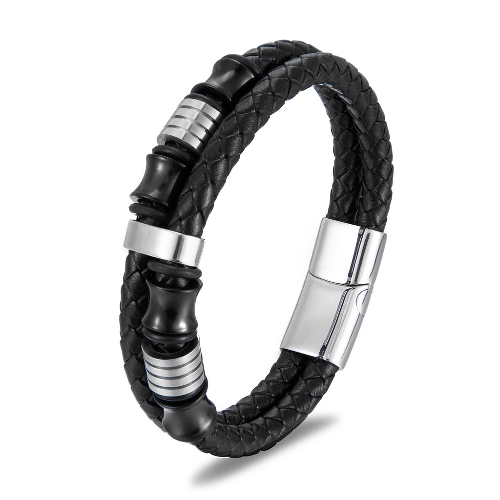 Black leather stainless steel men's bracelet