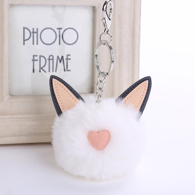 Faux Fur Keychain Pompon Soft Cat Ears Bags Hang Key Chain Pendant Balls Silver Key Ring Bag Pendant Gift Car Pendant