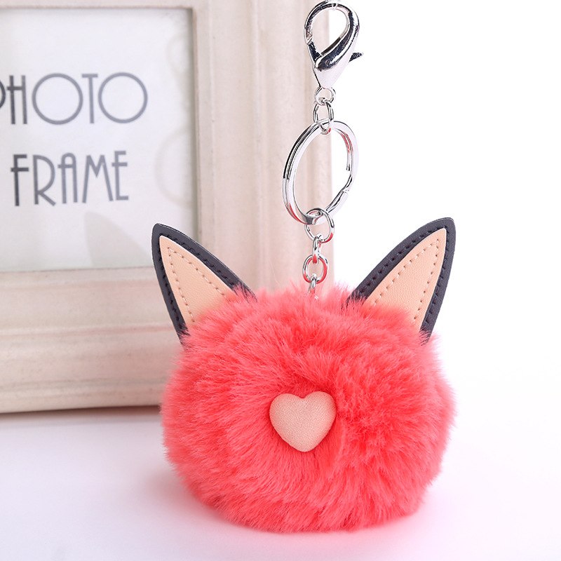 Faux Fur Keychain Pompon Soft Cat Ears Bags Hang Key Chain Pendant Balls Silver Key Ring Bag Pendant Gift Car Pendant