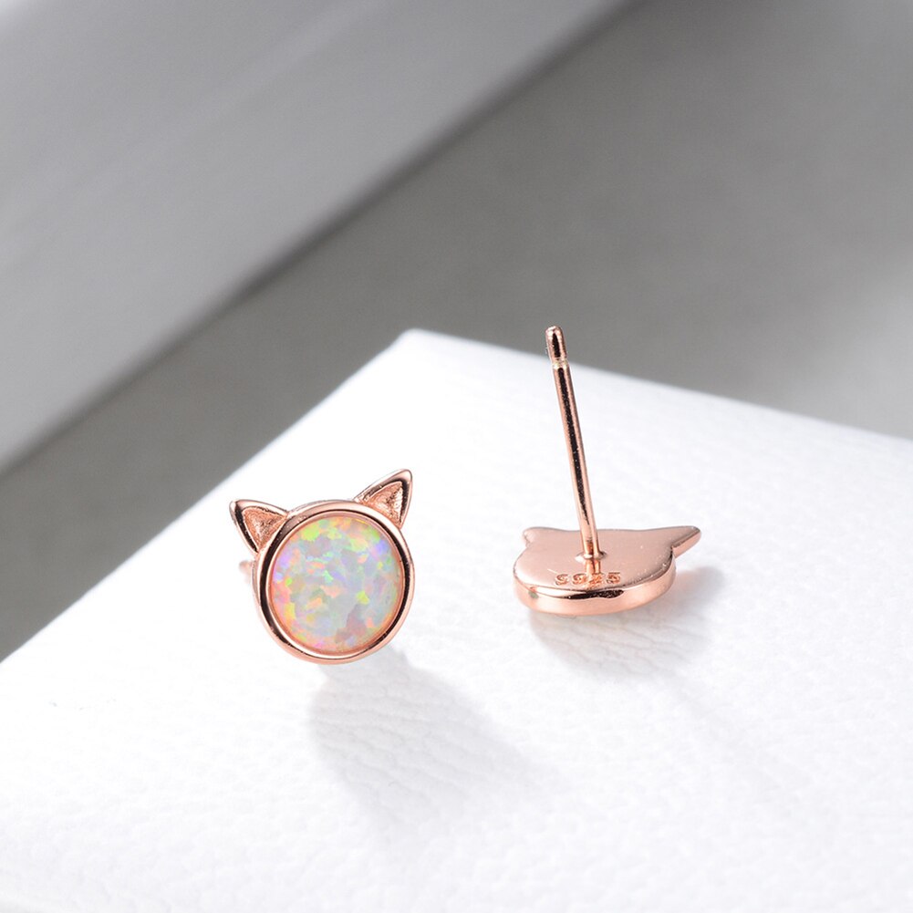 New Fashion Cute Women Silver Plated Faux Opal Inlaid Cats Ear Stud Earrings Jewelry Sweet Special Christmas Gift