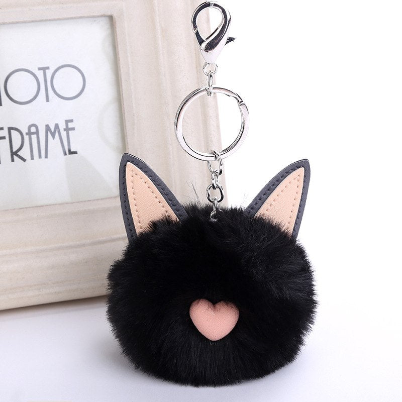Faux Fur Keychain Pompon Soft Cat Ears Bags Hang Key Chain Pendant Balls Silver Key Ring Bag Pendant Gift Car Pendant