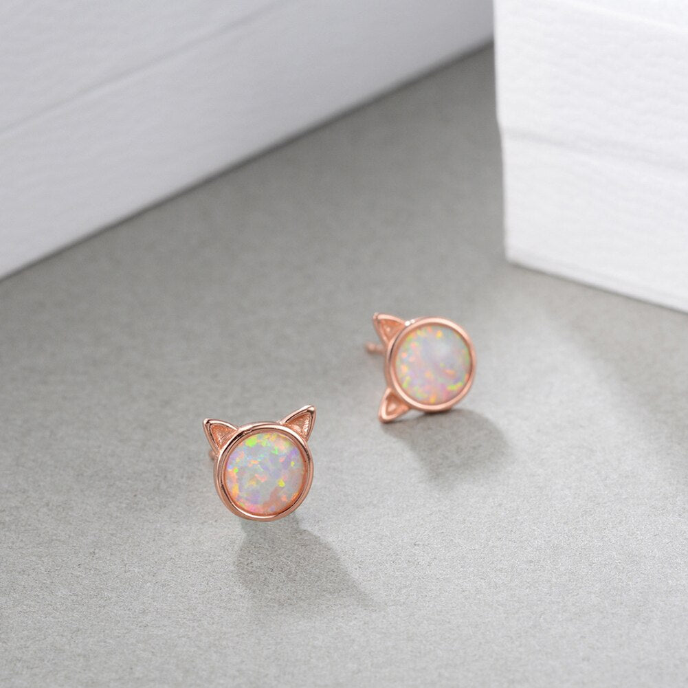 New Fashion Cute Women Silver Plated Faux Opal Inlaid Cats Ear Stud Earrings Jewelry Sweet Special Christmas Gift