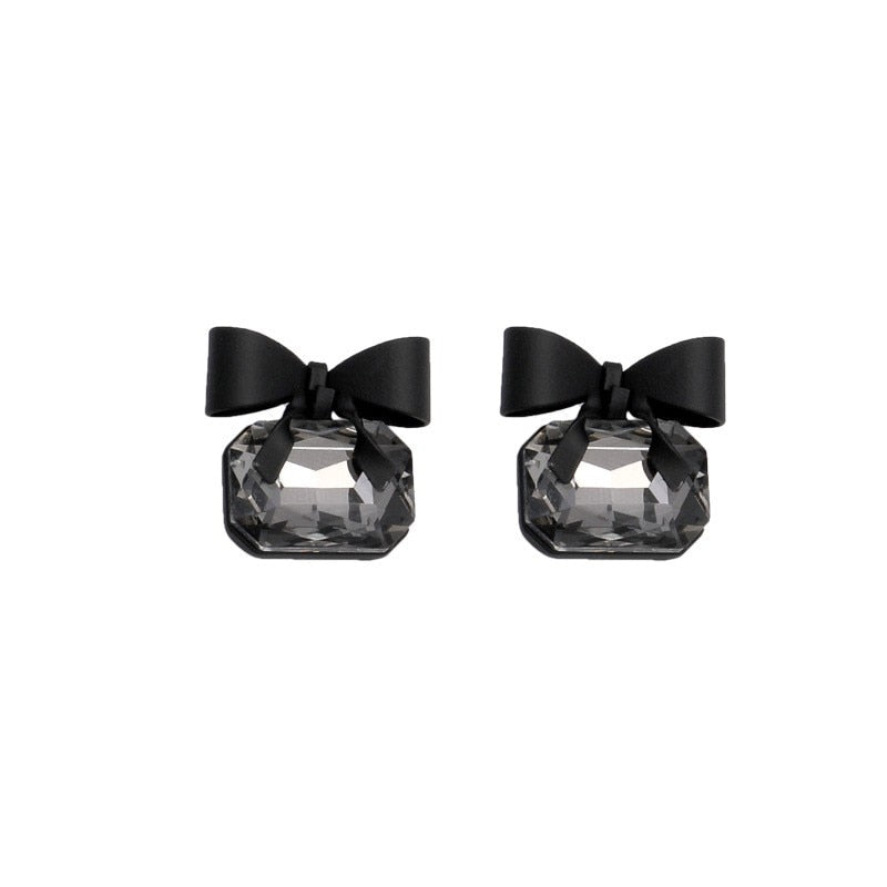 New joker Korean sweet Black bowknot Women Earrings fashion senior shiny crystal geometric square Stud Earrings Jewelry