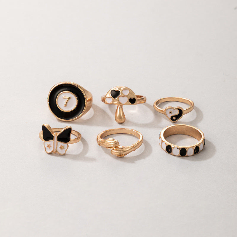 Black Tai Chi Butterfly Mushroom Love Element 6 Piece Rings