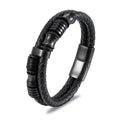 Black leather stainless steel men's bracelet