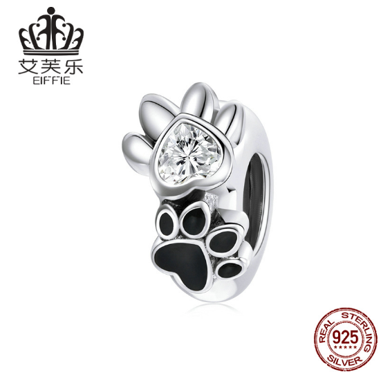 New Pet Imprint Sterling Silver Bead Bracelet s925 Cute Pet Cats And Dogs Paws Black Drip Beads