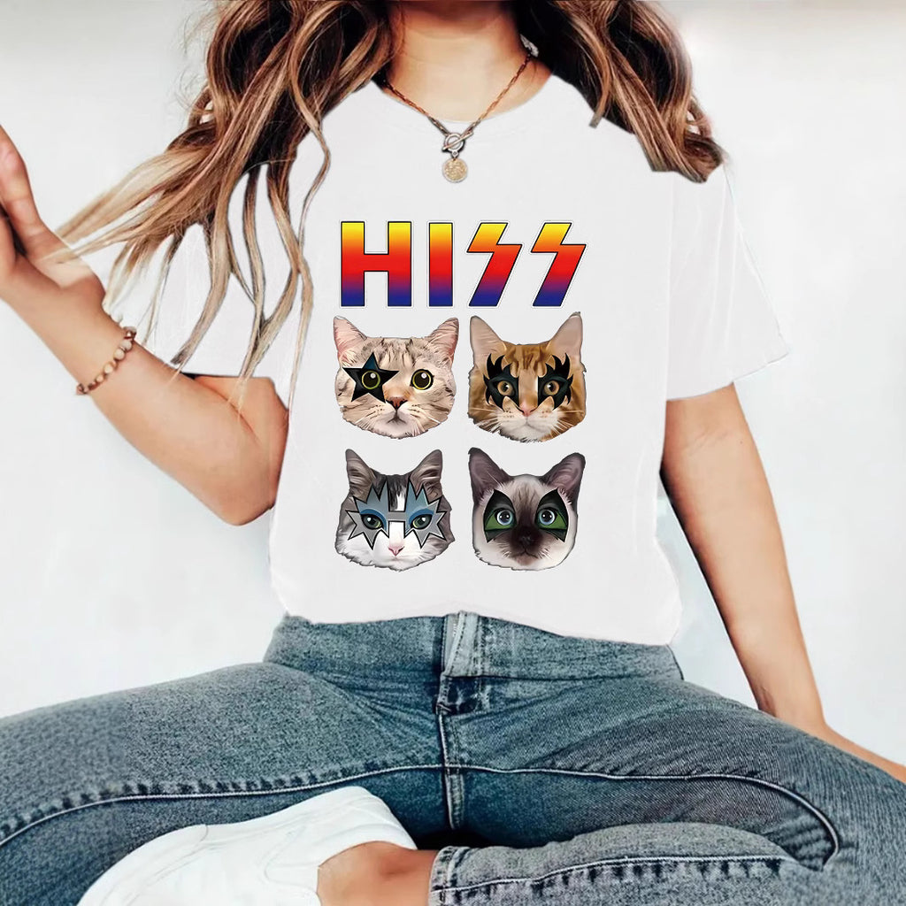 HIZZ Four Cats New Round Neck Loose Short Sleeve