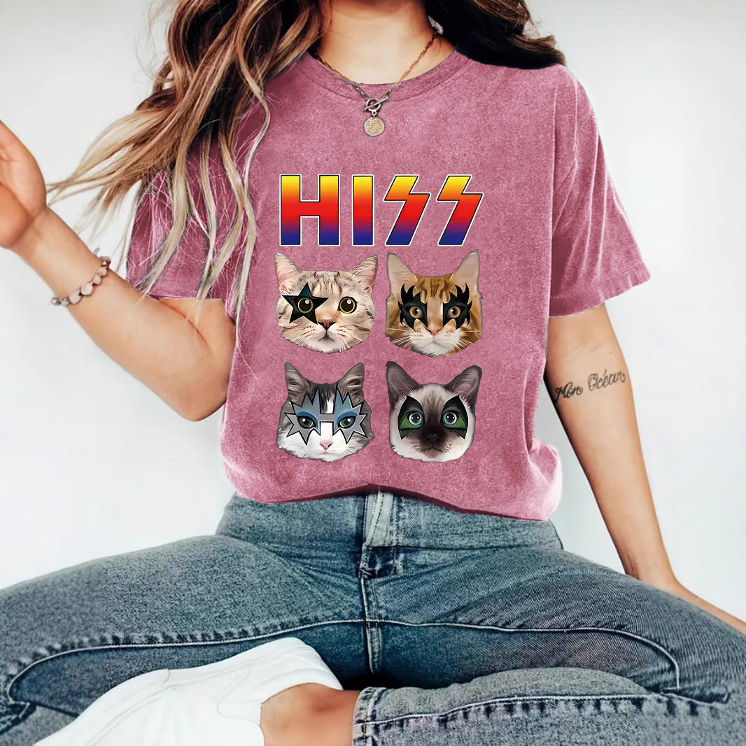 HIZZ Four Cats New Round Neck Loose Short Sleeve