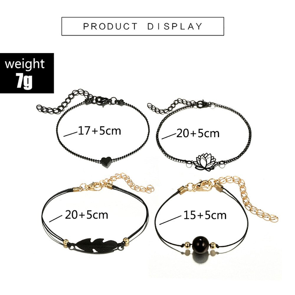 4pcs  Bohemian Black Rope Chain Bracelet Set