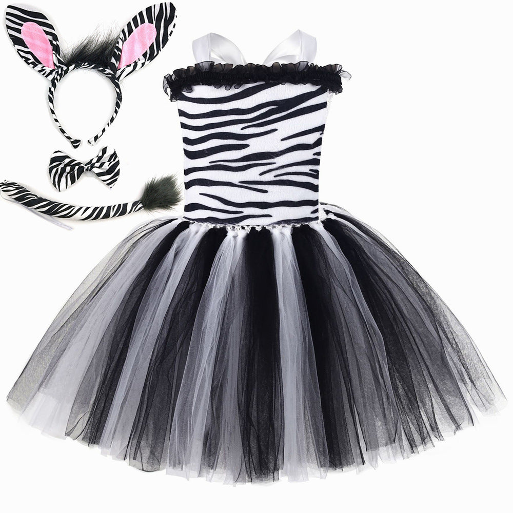 Halloween Zebra Animal Role Play Dress for Kids Forest Party Costume Children's Tulle Princess Dress