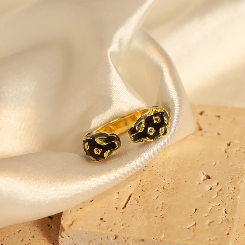 Black Panther Diamond Set Enamel Glazed Open Ring Fashionable and niche Design Jewelry for Women