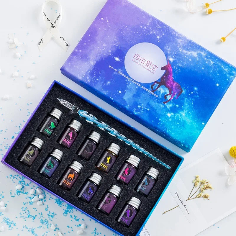 13/7Pcs Crystal Glass Pen Starry Sky Unicorn Dip Pen Glitter Powder Fountain Pen 12 Colors Ink Gift Box Set Writing Supplies