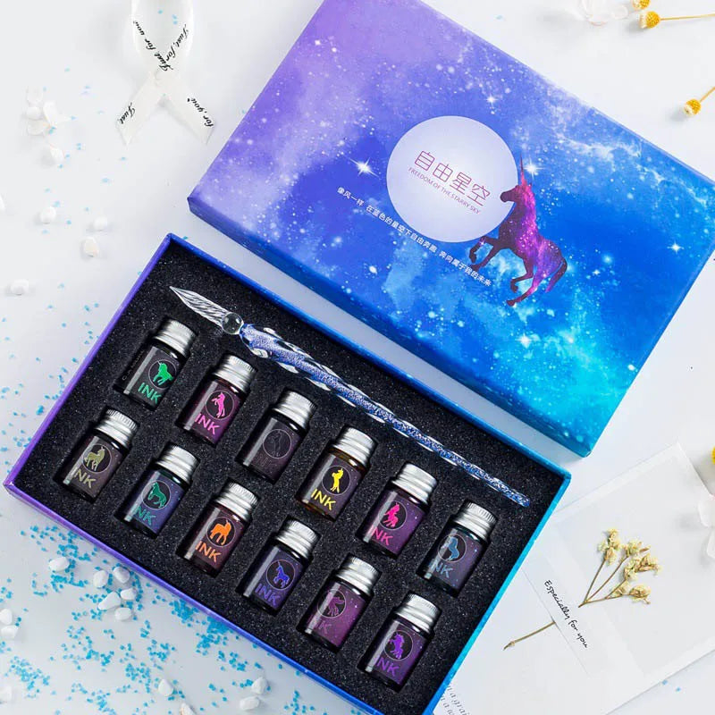 13/7Pcs Crystal Glass Pen Starry Sky Unicorn Dip Pen Glitter Powder Fountain Pen 12 Colors Ink Gift Box Set Writing Supplies