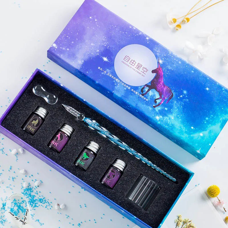 13/7Pcs Crystal Glass Pen Starry Sky Unicorn Dip Pen Glitter Powder Fountain Pen 12 Colors Ink Gift Box Set Writing Supplies