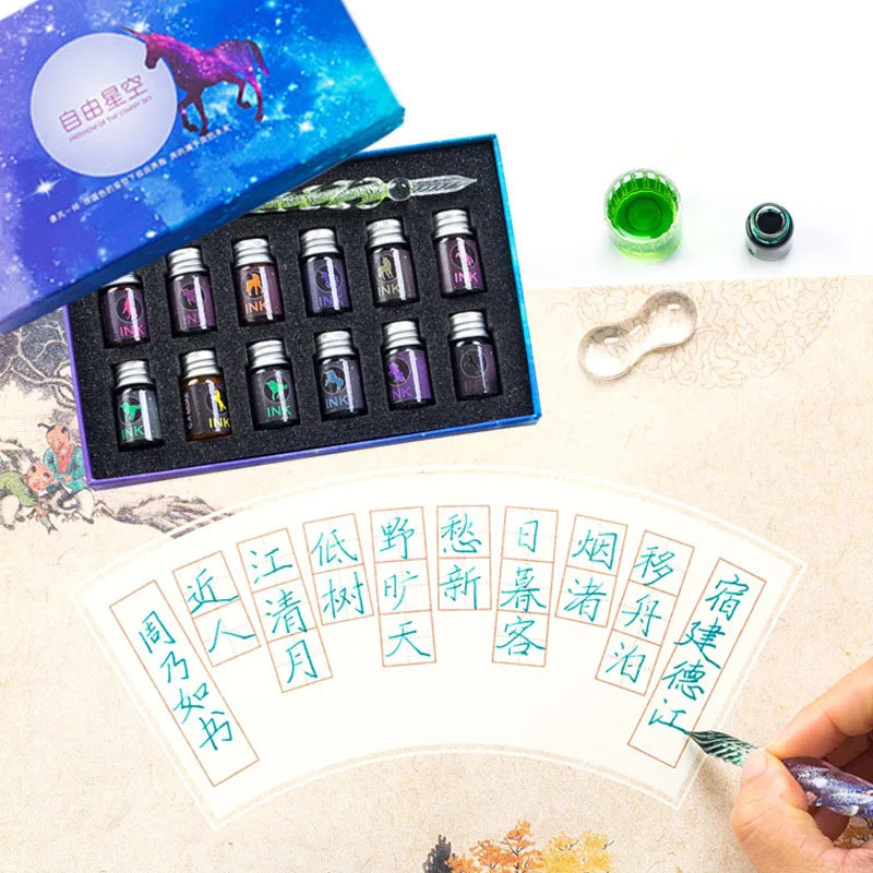 13/7Pcs Crystal Glass Pen Starry Sky Unicorn Dip Pen Glitter Powder Fountain Pen 12 Colors Ink Gift Box Set Writing Supplies