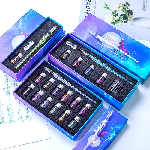 13/7Pcs Crystal Glass Pen Starry Sky Unicorn Dip Pen Glitter Powder Fountain Pen 12 Colors Ink Gift Box Set Writing Supplies